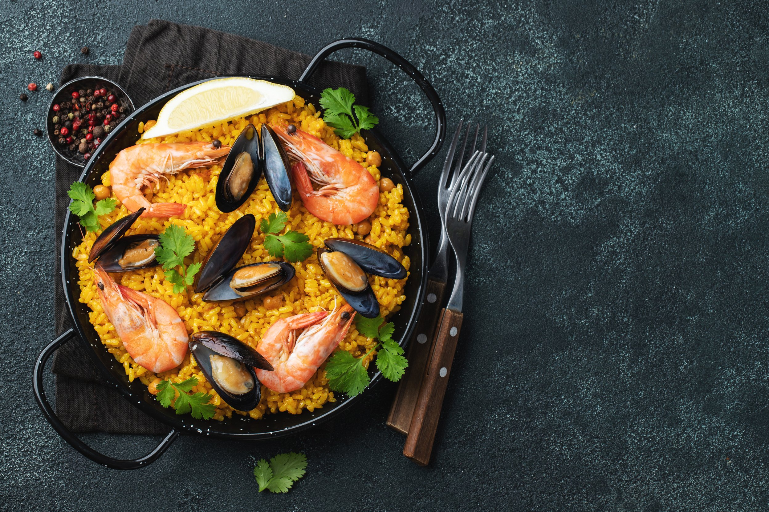 Traditional Spanish Seafood Paella in Pan